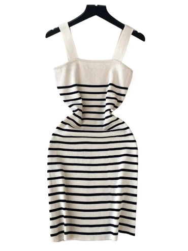 Women's Blue Striped Sundress Wide Strap Square Neck Stretchy Ribbed Knit Bodycon Mini Dress Casual Summer Daily Party Dress