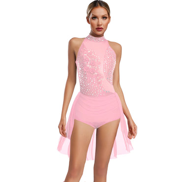 Women Latin Cha-cha Dance Performance Costumes Rhinestone Applique Sleeveless Leotard Skating Ballet Samba Rumba Tango Dancewear