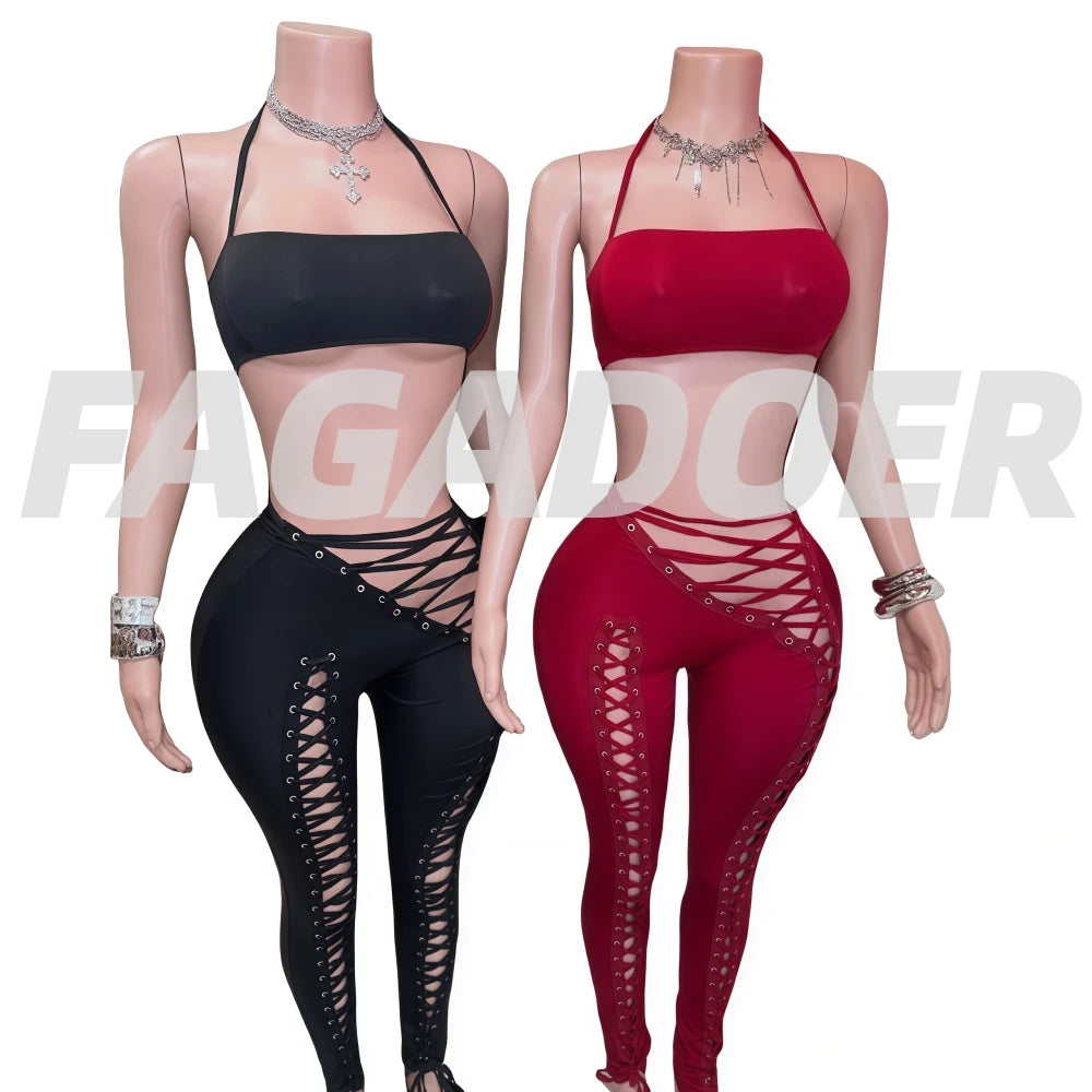 FAGADOER Sexy Bandage Patchwork 2 Piece Sets Woman Outfit Halter Sleeveless Crop Tops and Pants Matching Suit Female Streetwear