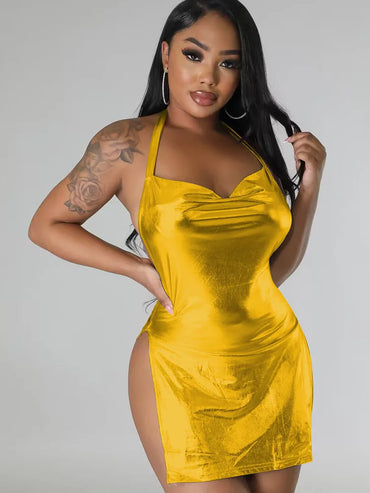 Shiny Metallic Party Night Club Mini Dress Women Y2K Clothing Halter Backless Double Side Split Sexy Short Dresses Wholesale