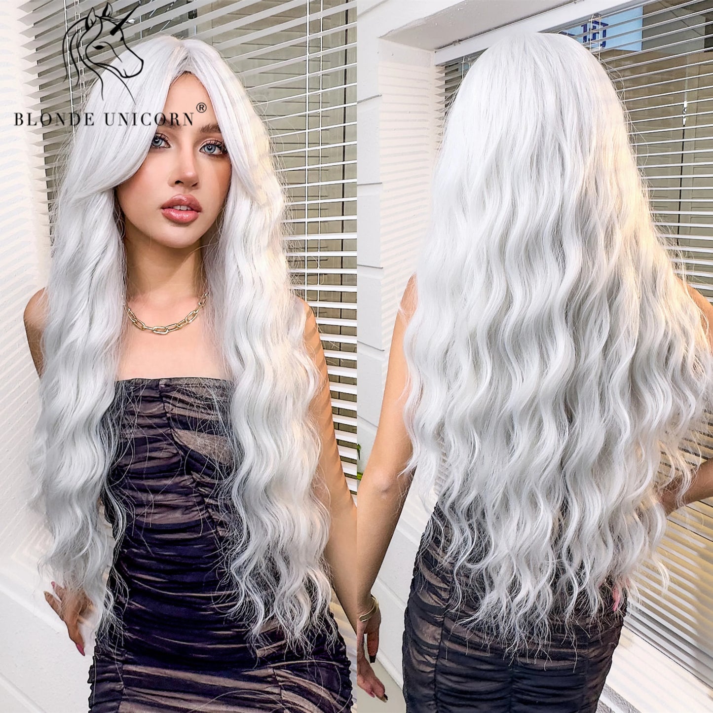 Blonde Unicorn Synthetic Long Wavy Wig Ombre Purple to Blue for Woman Cosplay Halloween Wigs Heat Resistant Fiber Bangs Hair