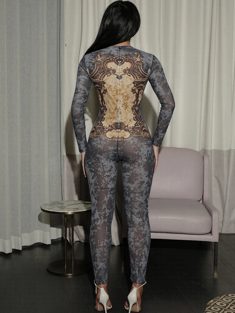 Sisterlinda Printing Slim O-Neck Long Sleeve Jumpsuit Women Sexy Popular Body-shaping Vestidos Girl Party Leisure Pencil Pants