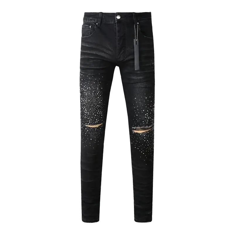 Fashion Top Quality Streetwear Distressed Men's Jeans Vintage Low Rise Stretch Skinny Button Fly Ripped Hold Pants