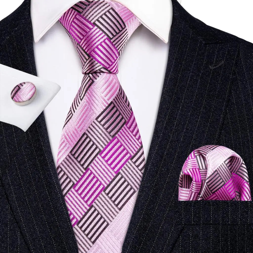 Barry.Wang Plaid Silk Men Tie Hanky Cufflinks Set Checked Jacquard Necktie for Male Formal Casual Wedding Business Party Events