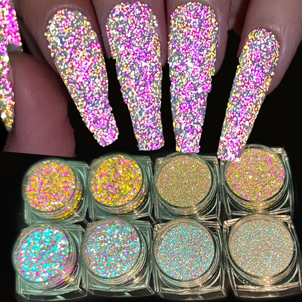 8 Color Laser Reflective Diamond Nail Powder Holographic Sparkly Glitter Crystal Sequins Pigment UV Gel Polish Nail Decoration