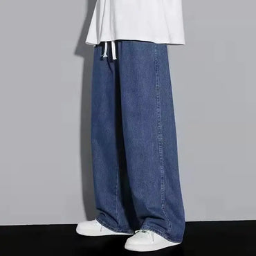 Men Casual Loose Jeans Male Streetwear Fashion Straight Wide Leg Denim Pants Elastic Waist Comfortable Solid Color Gray Trousers