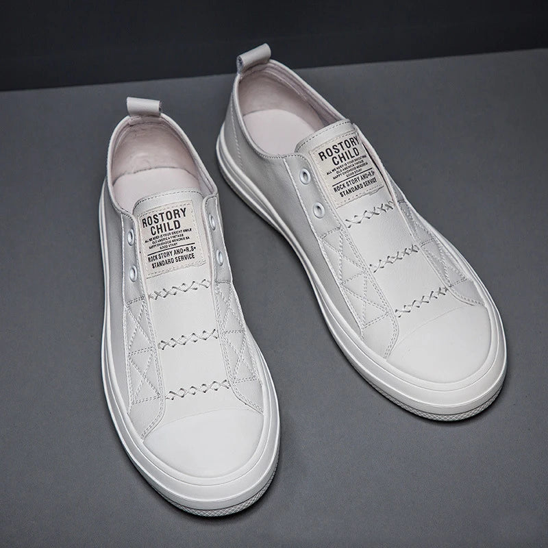 100% Genuine Leather Black White Shoes Men Casual Shoes Soft Flat Brand Cow Leather Cool Street Young Male Footwear D237