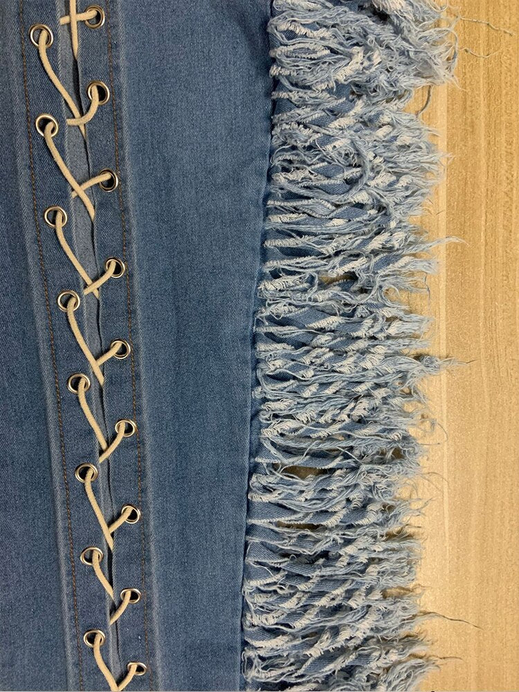 Criss Cross Lace Up Drawstring Denim Pants for Woman Elastic High Waist Side Tassels Jeans Streetwear Hollow Out Pencil Leggings