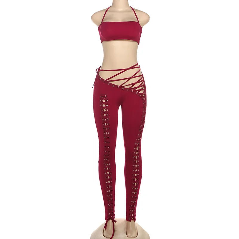 FAGADOER Sexy Bandage Patchwork 2 Piece Sets Woman Outfit Halter Sleeveless Crop Tops and Pants Matching Suit Female Streetwear