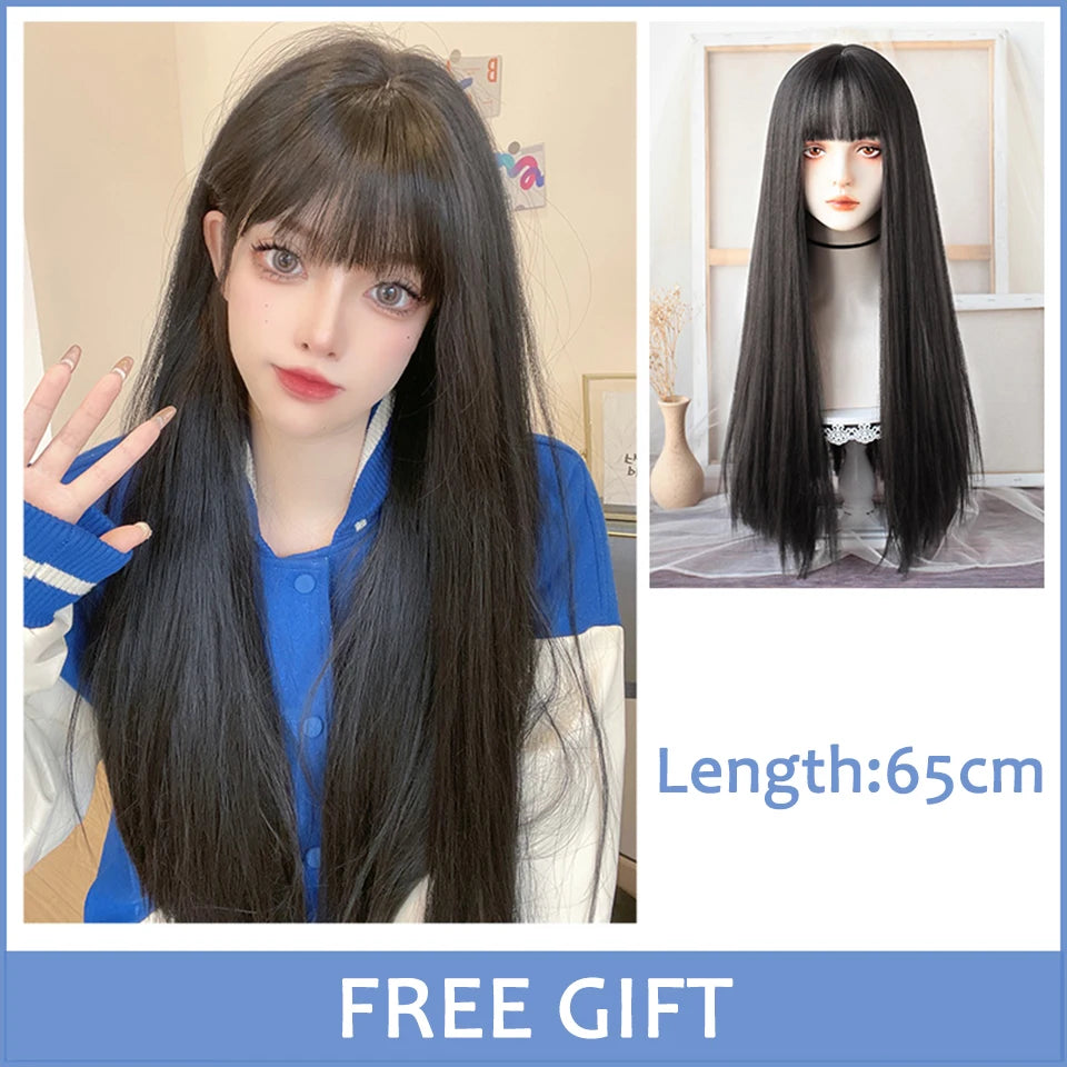 LM Synthetic Black Wig with Long Ponytail Short Straight Wig Lolita Cosplay Party Harajuku Blonde Wig With Bangs for Women