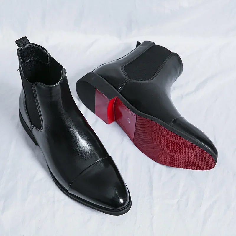 Mens Pointed Toe Leather High-Top Boots with Red Soles British Style Red / 38 Mens Pointed Toe Leather High-Top Boots with Red Soles British Style Red / 38