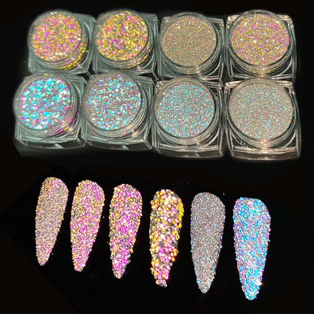 8 Color Laser Reflective Diamond Nail Powder Holographic Sparkly Glitter Crystal Sequins Pigment UV Gel Polish Nail Decoration
