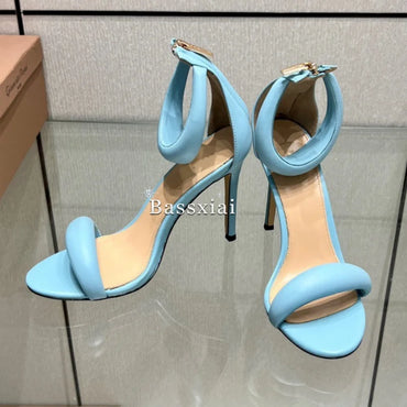 Genuine Leather One-Strap Sandals Women 10cm Stiletto Heel Back Zip Concise Style Modern Summer Shoes