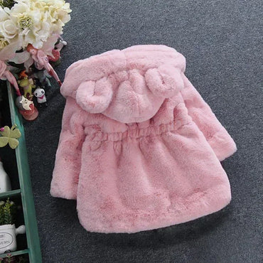 Winter Girl's Coat Furry New Hooded Bear Solid Color Long-sleeved Coat Thick Warm Cute Girls All Fashion Shawl