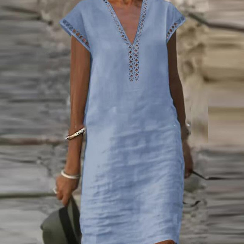 Women Cotton Linen Dress Summer Fashion Solid Color Hallow Out Mini Dresses Female Oversize Casual Mid-Sleeve Dresses Vestidos