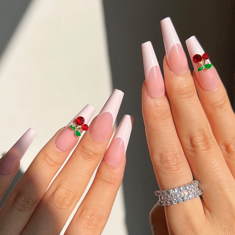 24pcs Strawberry Girl Long Ballet False Nails Art Removable Acrylic Press On Nail Tips
