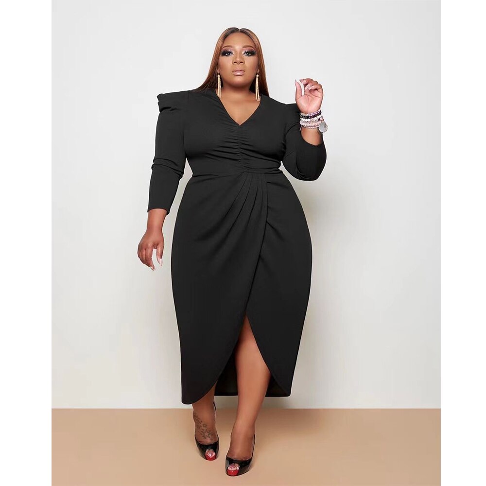 Sexy Women's Clothing Sexy New Style Long Sleeve V Neck Urban Plus Size Evening Dress