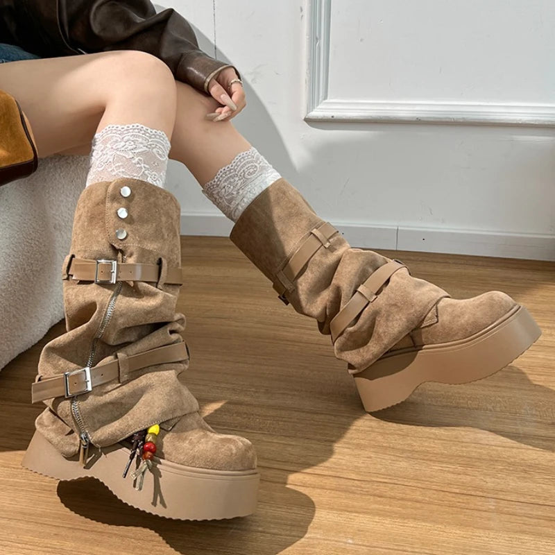 Autumn Winter Chunky Women Knee High Boots Fashion Button Combination Splicing Shoes Ladies Platform Thick Heel Long Booties