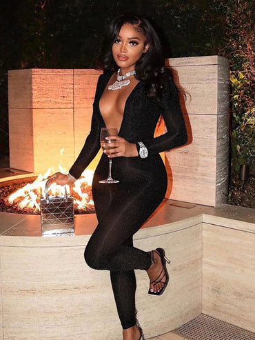Weird Puss Glitter Decoration Women Jumpsuit Deep V Neck Backless One Pieces Slim Fit Unique Autumn Ladies Prom Evening Party