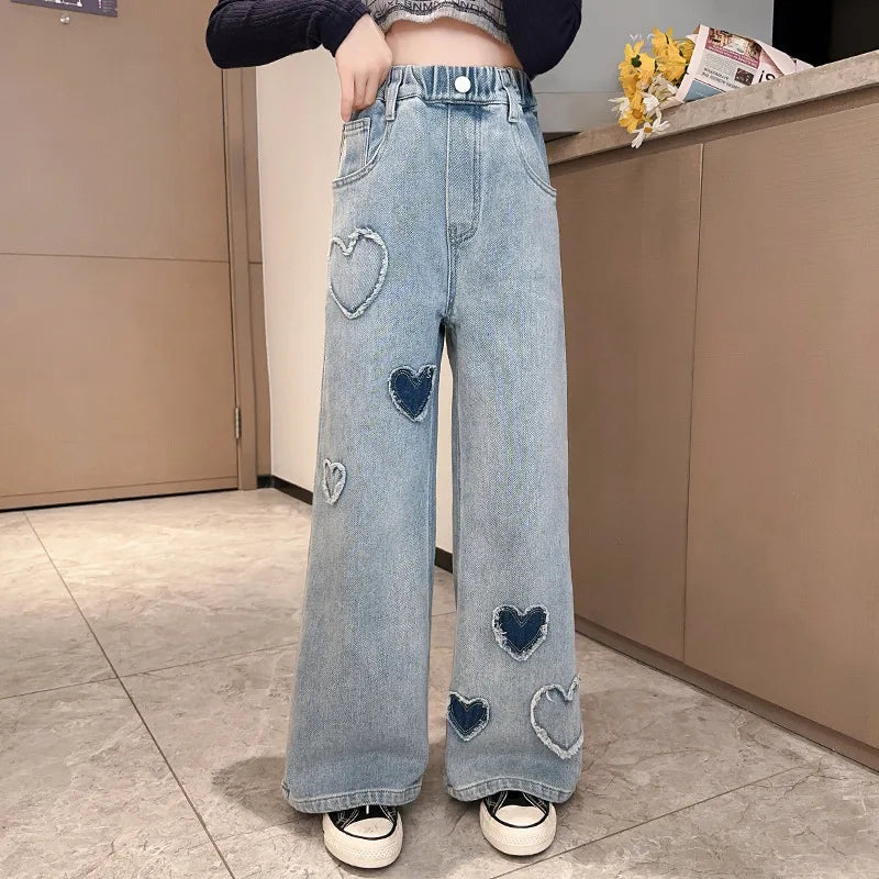 Wide Leg Jeans for Girls 6 8 9 10 11 12 14 Years Spring Autumn Loose Vintage Straight Retro Pants Fashion Teenage Kids Trousers