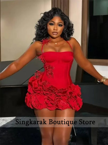 Red Birthday Dresses Baddie Black Girl Halter Neck Mini Prom Dresses Sweertheart Ruffles Wedding Party Dress Customized