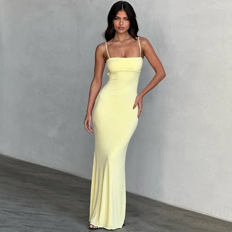 Spaghetti Strap Bodycon Maxi Dress Sexy Backless Beach Long Dress Elegant Night Club Party Dresses for Women Yellow / L