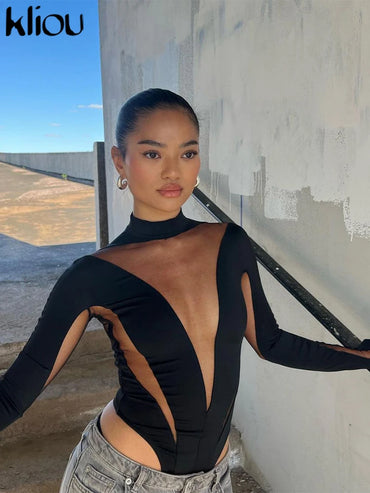 Kliou Mesh Patchwork Bodysuits Women Hipster Unique See Through Stand Collar Body-shaping Playsuit Female Casual Street Clothing
