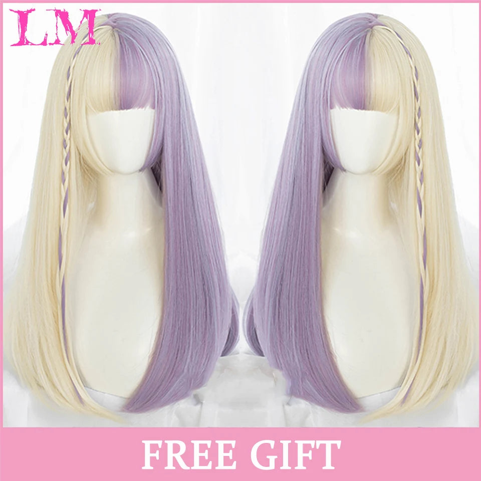 LM Synthetic Black Wig with Long Ponytail Short Straight Wig Lolita Cosplay Party Harajuku Blonde Wig With Bangs for Women