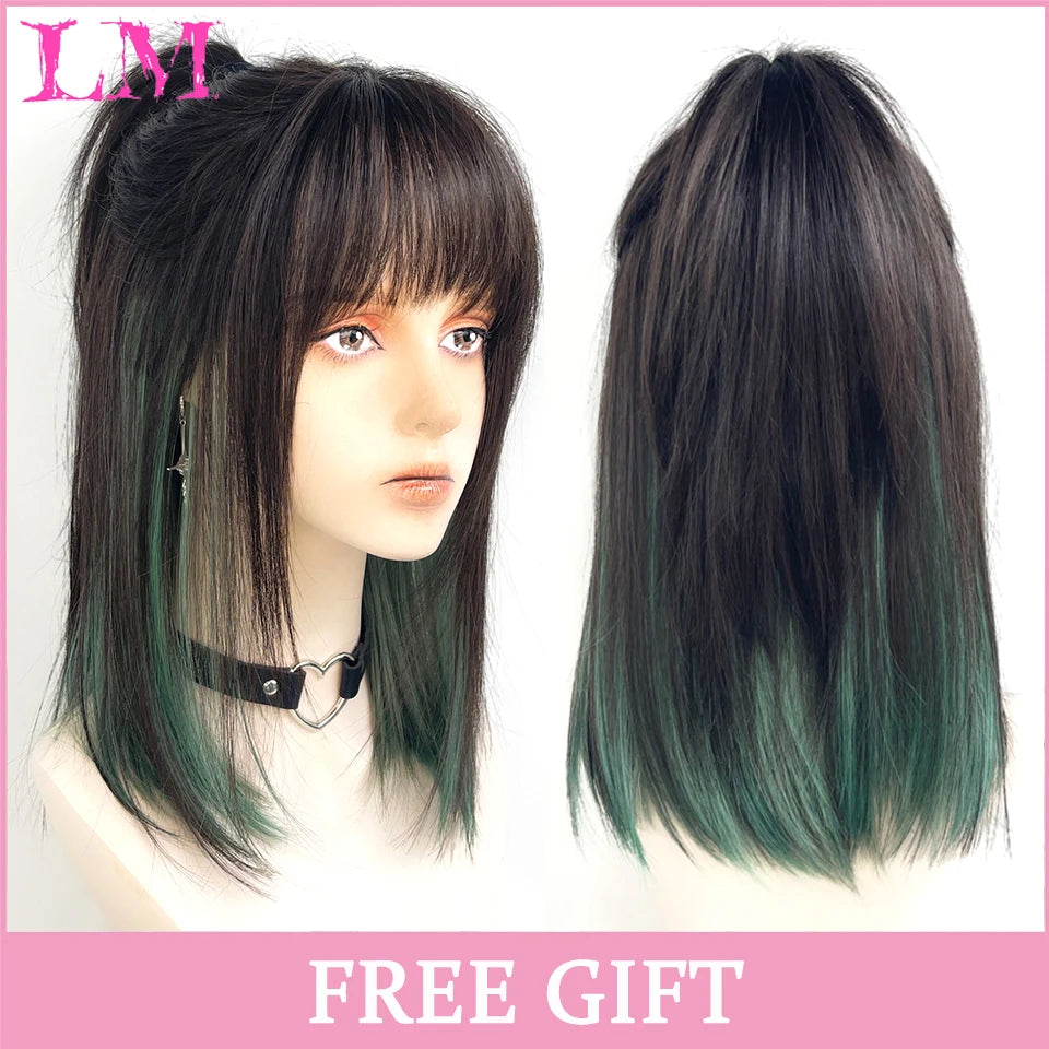 LM Synthetic Black Wig with Long Ponytail Short Straight Wig Lolita Cosplay Party Harajuku Blonde Wig With Bangs for Women