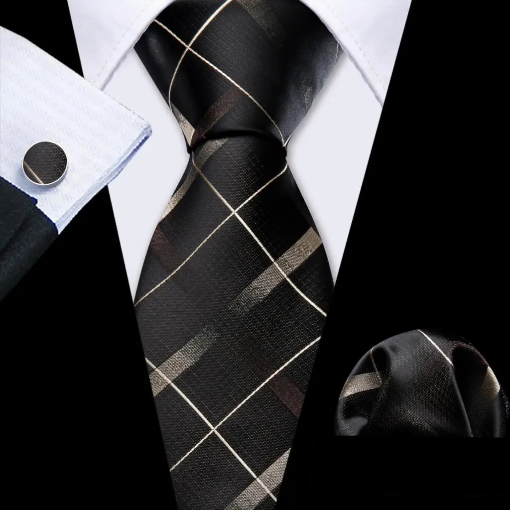 Barry.Wang Plaid Silk Men Tie Hanky Cufflinks Set Checked Jacquard Necktie for Male Formal Casual Wedding Business Party Events