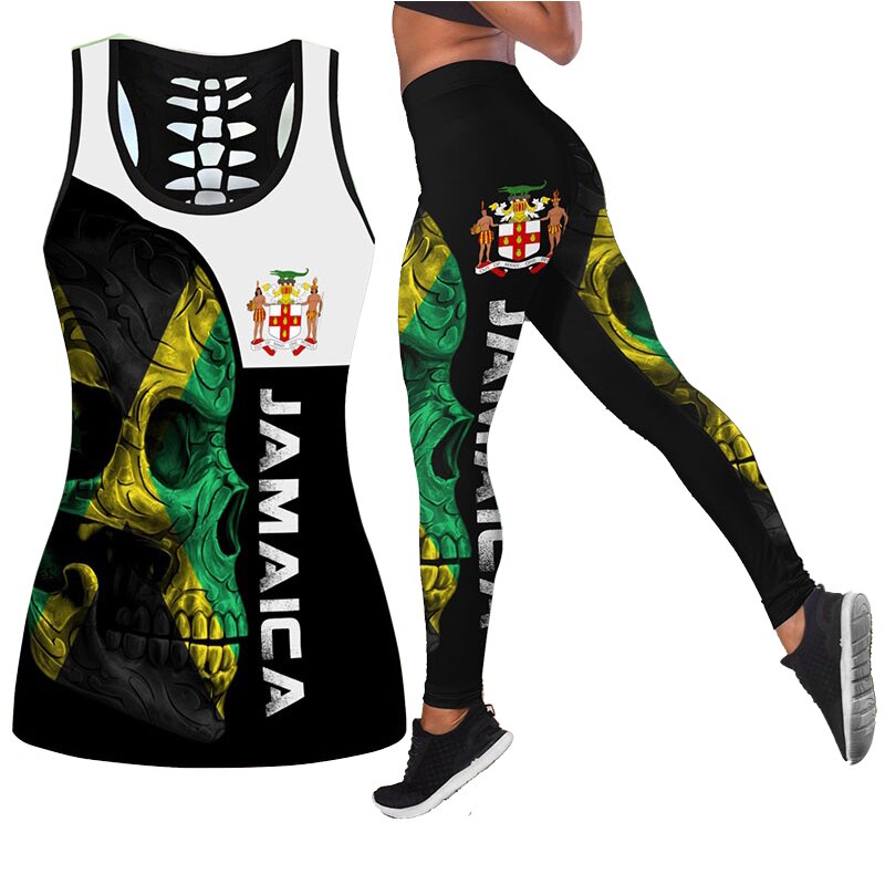 Women's Fashion Summer 3D Jamaica Combo Outfit Print Sleeveless Tank Top and Leggings