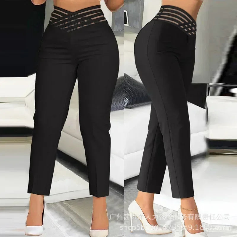 Houndstooth Print High Waist Work Pants Women Plaid Summer Spring Fashion Ankle Length Pants Office Lady