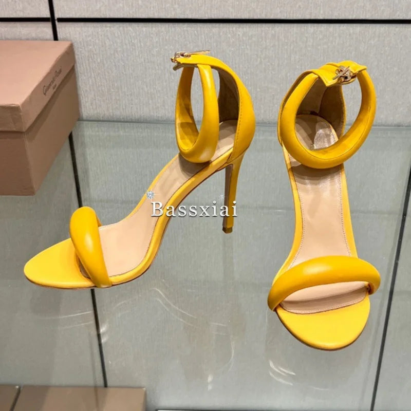 Genuine Leather One-Strap Sandals Women 10cm Stiletto Heel Back Zip Concise Style Modern Summer Shoes