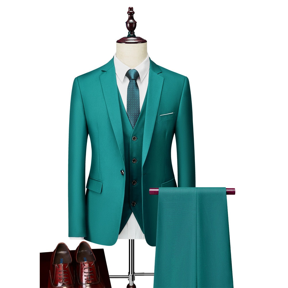 Luxury 3 Piece Men's Wedding Suit Fashion Men's Slim Solid Color Business Office Suit Sets Large Size Men Blazer+ Pants + Vest