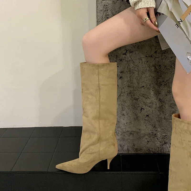 Aneikeh Autumn Winter Fashion Long Booties Shoes Thin Heels Concise Pointed Toe Pleated Knee-High Boots WomenZapatos De Mujer