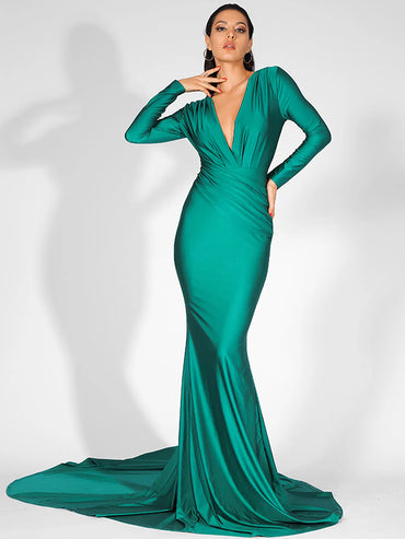 LOVE&LEMONADE Sexy Green Deep V-Neck Slim Fit Elastic Fabric Trai Maxi Dress LM81535