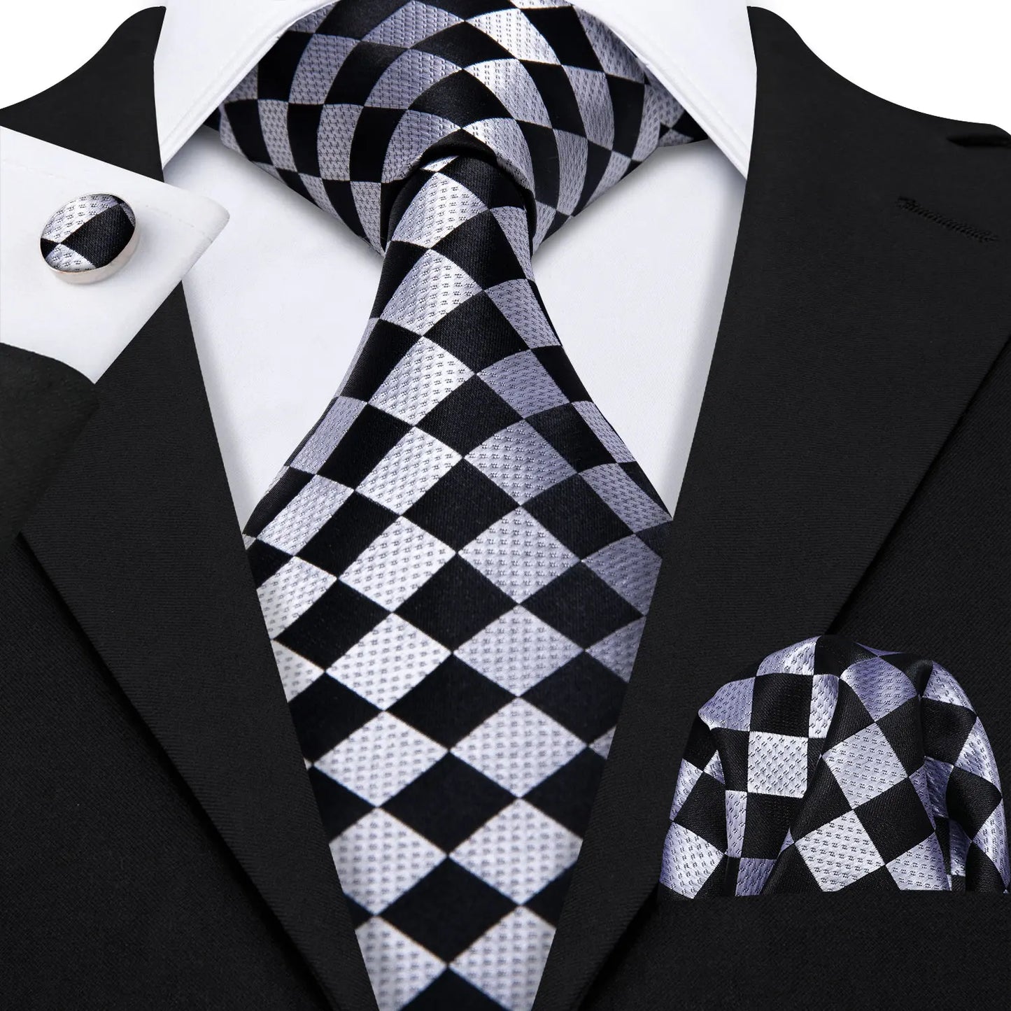 Barry.Wang Plaid Silk Men Tie Hanky Cufflinks Set Checked Jacquard Necktie for Male Formal Casual Wedding Business Party Events