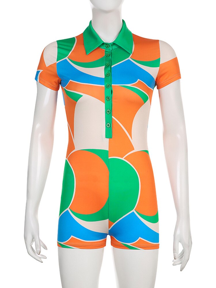 hirigin Multi-color Print Playsuits Women Sexy Short Sleeved Bodycon Rompers Playsuit Summer Buttons Outfits Elegant