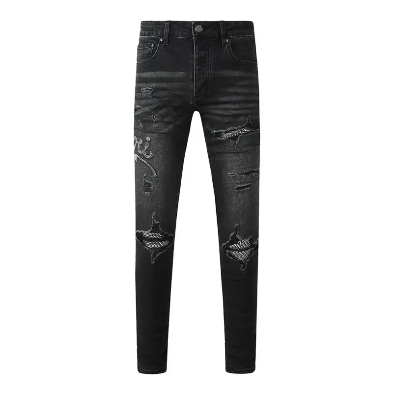 Fashion Top Quality Streetwear Distressed Men's Jeans Vintage Low Rise Stretch Skinny Button Fly Ripped Hold Pants