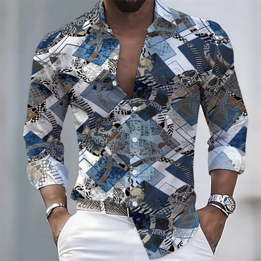 New men's artistic printed long-sleeved shirt, retro color-blocked design, casual shirt, versatile and stylish top for commuting
