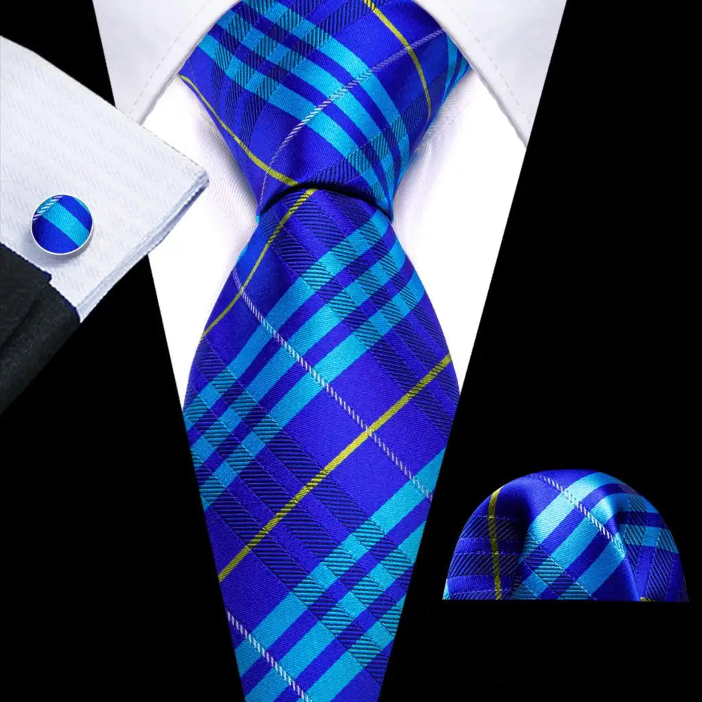 Barry.Wang Plaid Silk Men Tie Hanky Cufflinks Set Checked Jacquard Necktie for Male Formal Casual Wedding Business Party Events