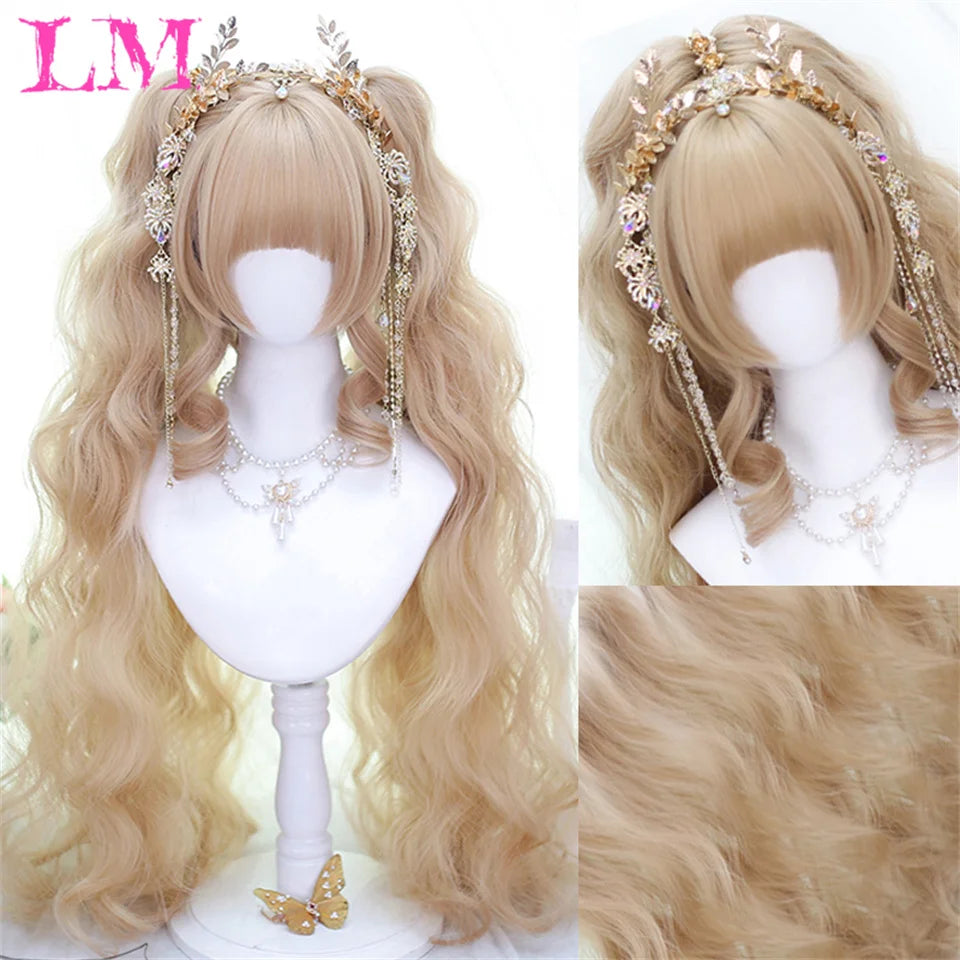 LM Synthetic Black Wig with Long Ponytail Short Straight Wig Lolita Cosplay Party Harajuku Blonde Wig With Bangs for Women