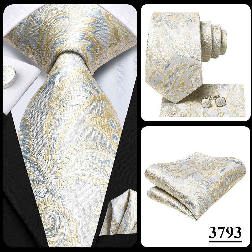 Hi-Tie Champagne Floral Paisley Silk Elegant Tie For Men Groom Wedding Men Necktie Pocket Square Cufflink Accessory Wholesale