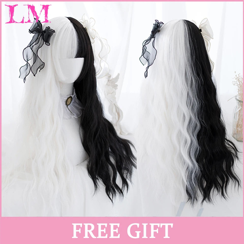 LM Synthetic Black Wig with Long Ponytail Short Straight Wig Lolita Cosplay Party Harajuku Blonde Wig With Bangs for Women