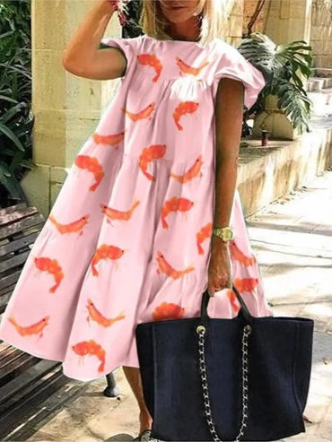 Summer Fashion Boho Print Dress Lady Casual O-Neck Pullover Ruffles Short Sleeve Loose Dresses For Women Holiday Beach Dress New