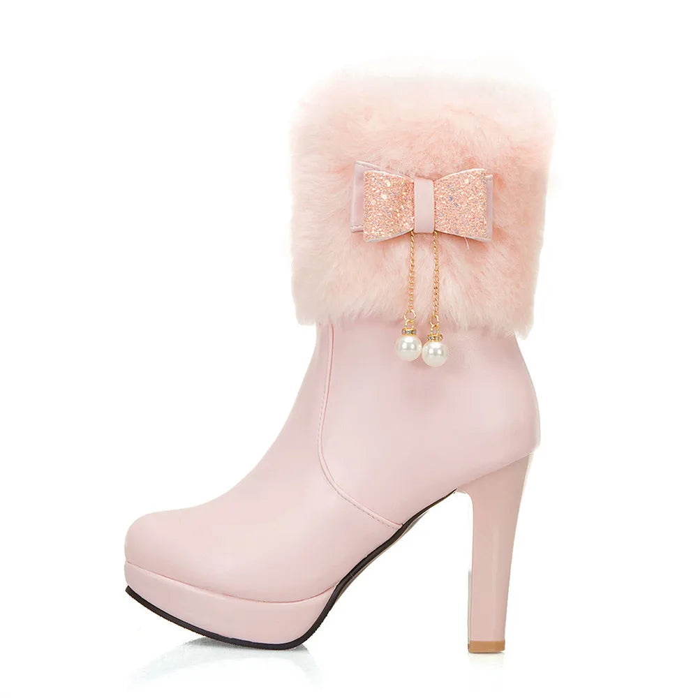 2025 Winter Womens Fashion High Heel Boots Pink White Black Fur Tassel Bowtie Lovely Lolita Ladies Party Wedding Shoes size32-43