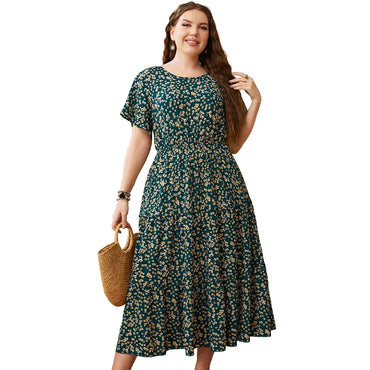 KEBY ZJ Big Size Women's Clothing Dress Summer O-Neck Floral Print Midi Dresses Urban Elegant Casual Ladies Plus Size Long Dress