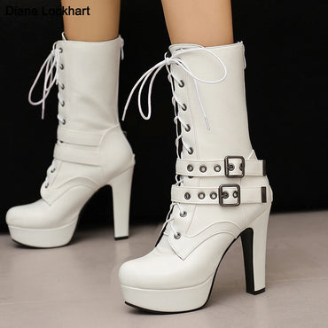 Women Punk Style Lace-Up Ankle Boots Belt Buckle Platform High Heels Short Boot Female White Autumn Winter Round Toe Shoes 2025