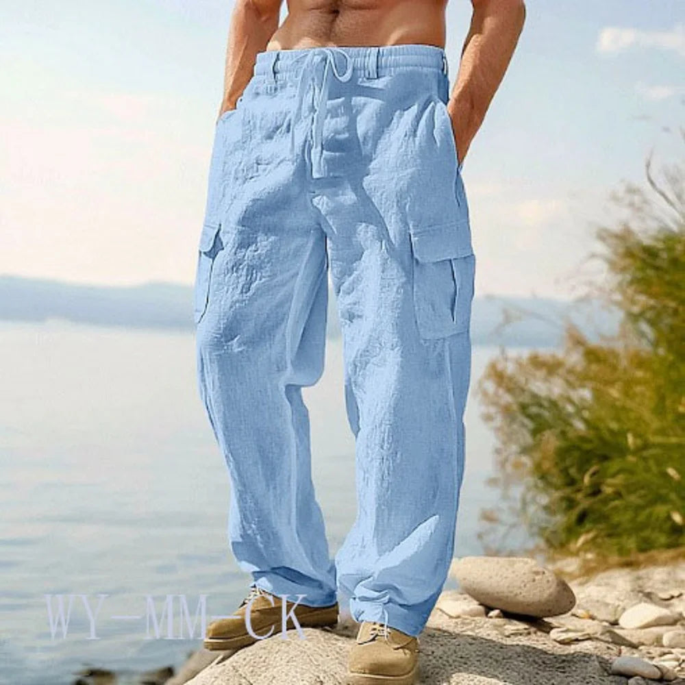 European And American Men's Cotton And Linen Trousers Multi-pocket Work Pants Loose Straight Sportswear And Casual Trousers