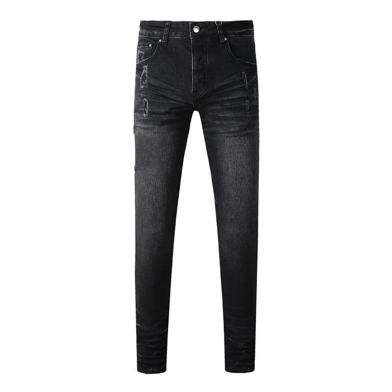 Fashion Top Quality Streetwear Distressed Men's Jeans Vintage Low Rise Stretch Skinny Button Fly Ripped Hold Pants
